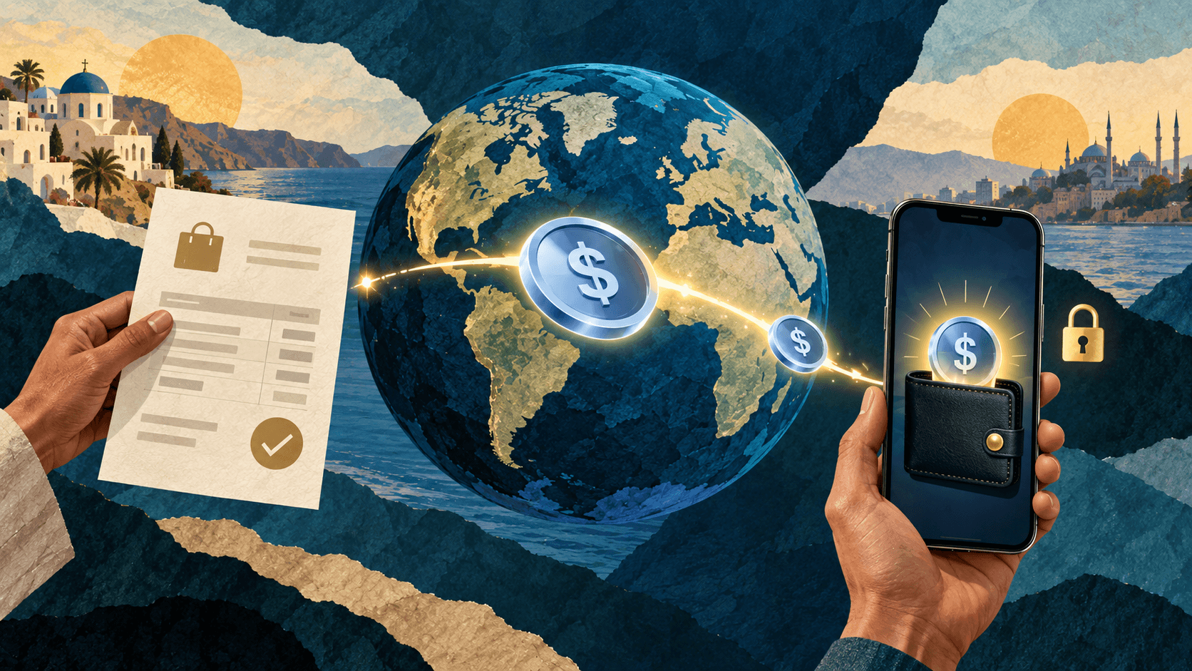 Illustration of a global stablecoin payment flow with an invoice, digital wallet on a phone, and dollar backed tokens moving across the world.