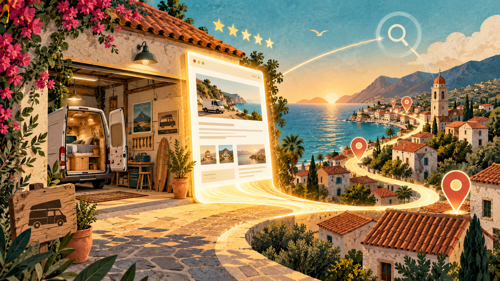 Illustrated local business workshop connected to a glowing service page and map pins across a coastal town, representing local SEO growth.