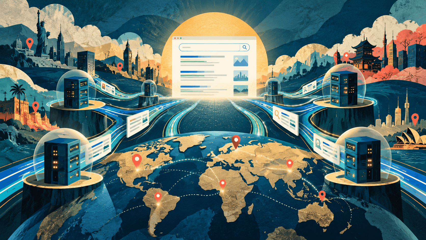 Illustration of proxy servers connected across a world map to search engine results, with glowing data routes, location pins and global city skylines.