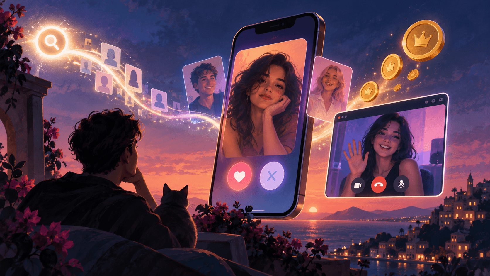 Dreamy illustration of a dating app and video chat platform with profile cards, a live call screen, search glow and floating monetization coins.